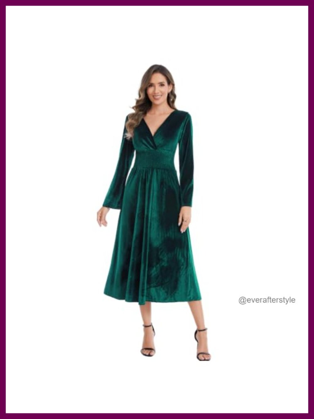 Velvet Long Sleeve Midi Dress V Neck Smocked Waist A-Line Wedding Guest